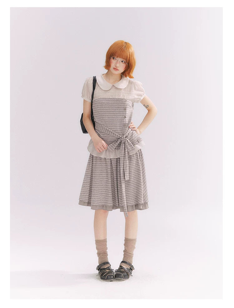 “Old Keepsake Letters” Frost Gray Doll Collar Lace Two-Piece Set