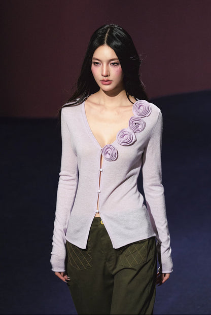 3D Rose Contrast V-Neck Shimmer Knit Cardigan (White/ Light Lavender)