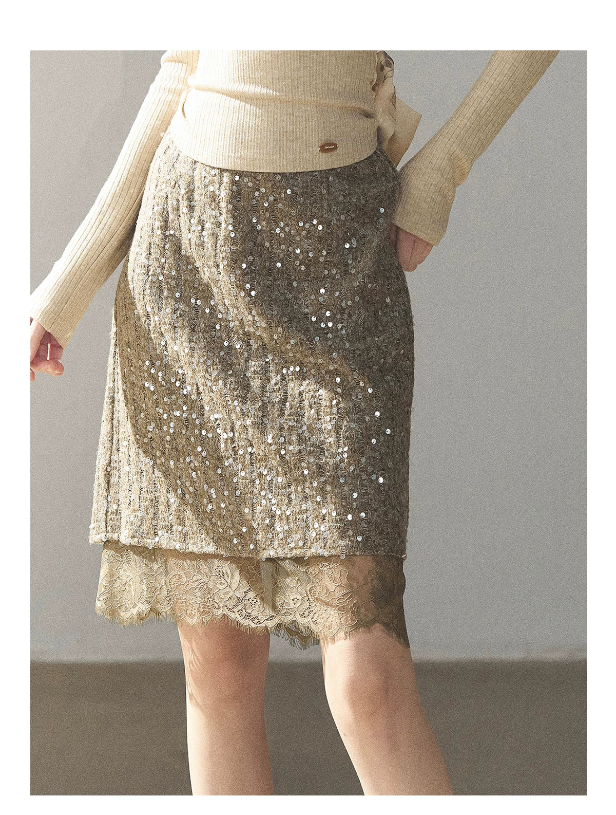 AOMALM - Gray Taupe Brown Sequin Lace Midi Skirt