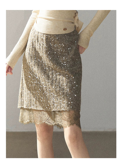 AOMALM - Gray Taupe Brown Sequin Lace Midi Skirt