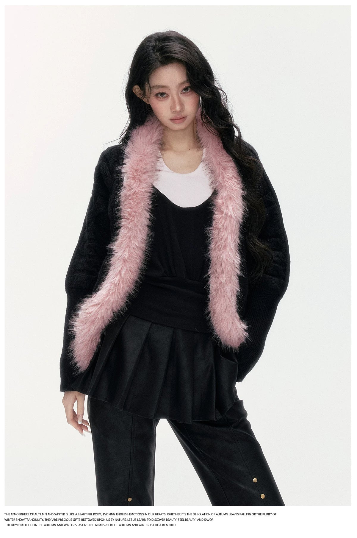 24olvides - Black Pink Cable Knit Cardigan with Detachable Faux Fur Collar