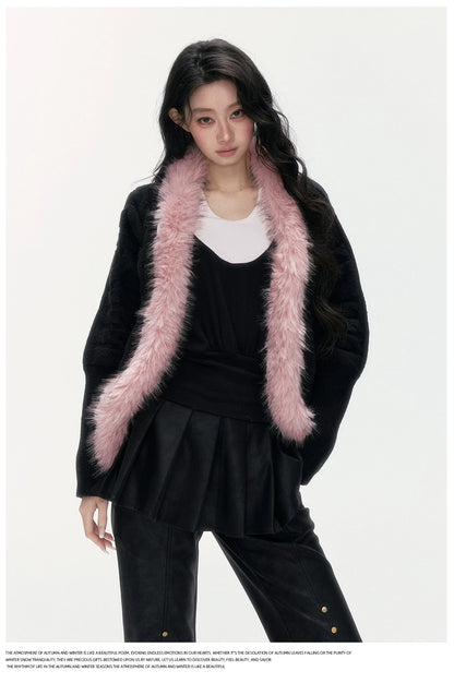 24olvides - Black Pink Cable Knit Cardigan with Detachable Faux Fur Collar
