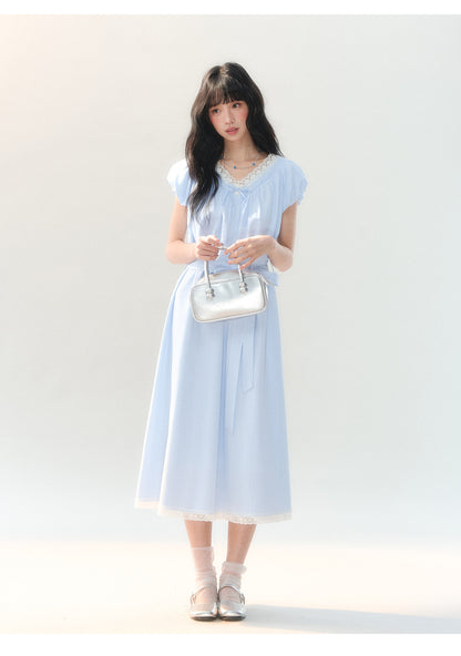 [CAN] "Cloud Daydream" Sky Blue Plaid Lace V-Neck Puff Sleeve Dress