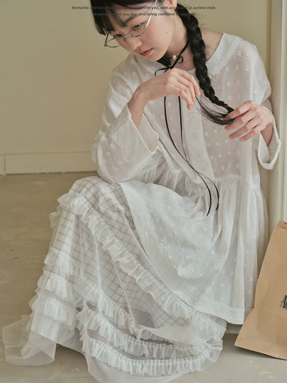 "Soft Polka Whisper" White Long Sleeve Babydoll Midi Dress