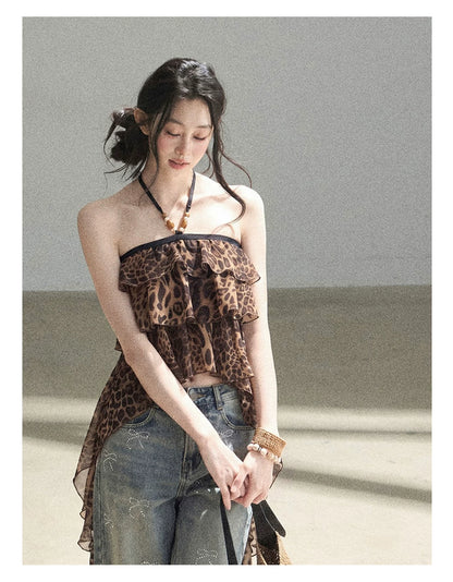 "Chasing the Sunset" Chestnut Brown Leopard Halter Ruffle Crop Top