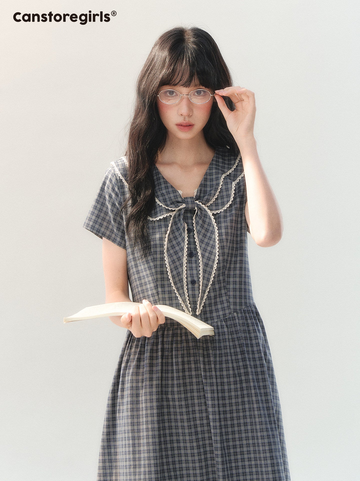 170726C "Firwood Plaid Tale" Blue Gray Plaid Lace Doll Collar Dress