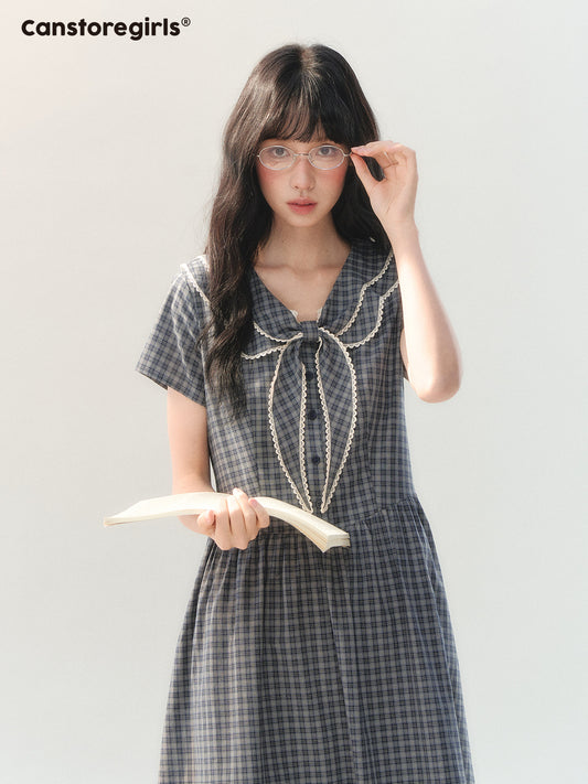 170726C "Firwood Plaid Tale" Blue Gray Plaid Lace Doll Collar Dress