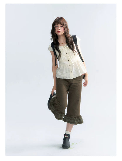 "Forest Cocoa" Dark Coffee Green Flare Capri Pants