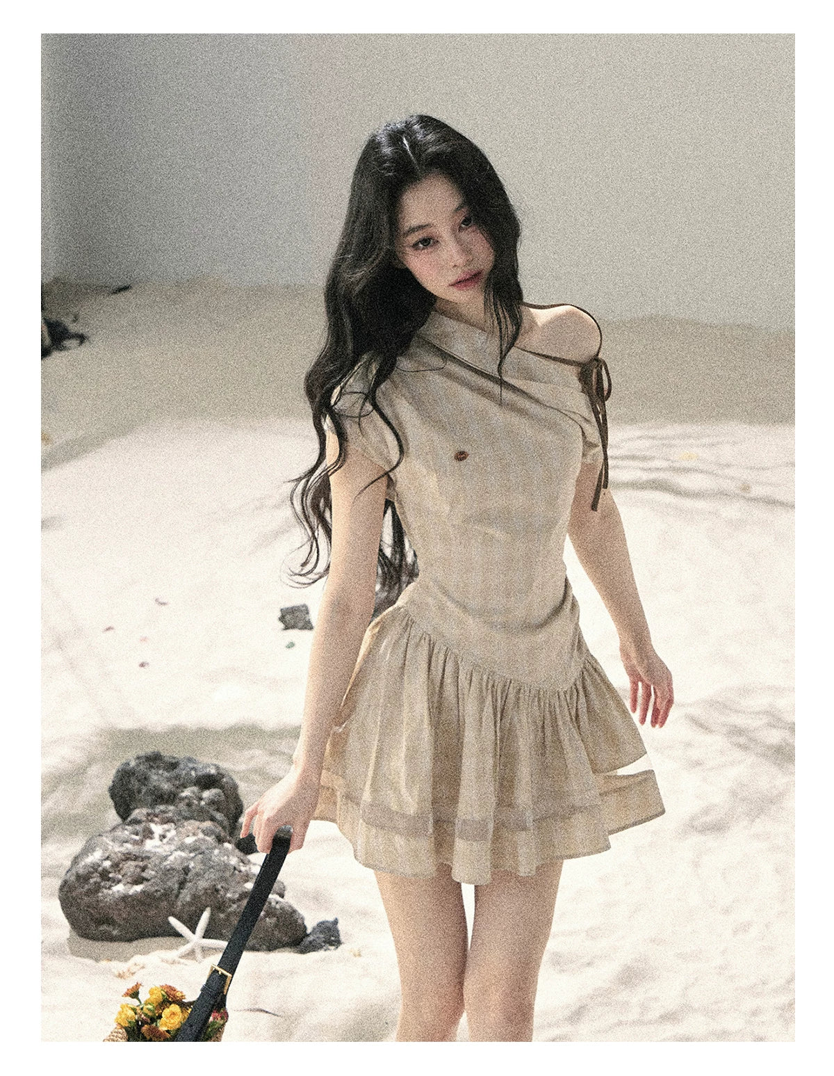 "Traces Left by the Wind" Sand Beige Off-Shoulder Plaid Puff Mini Dress