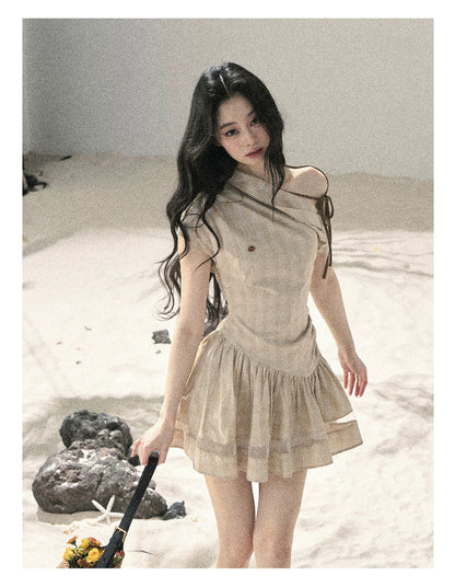 "Traces Left by the Wind" Sand Beige Off-Shoulder Plaid Puff Mini Dress