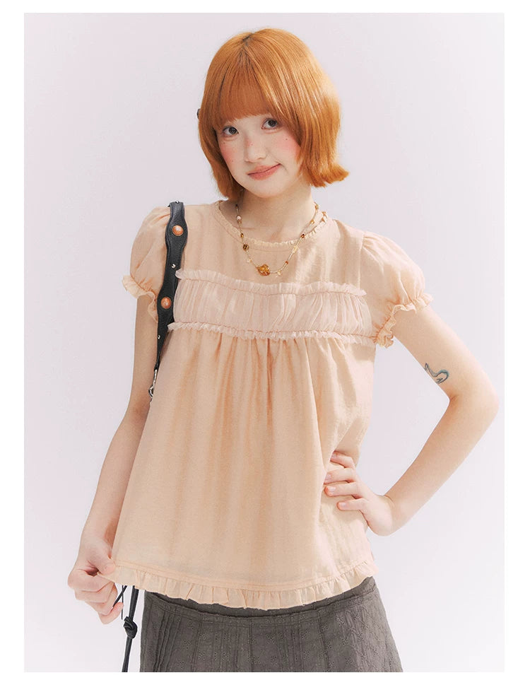 “Orange Soda” Seashell Orange Mesh Panel Puff Sleeve Top