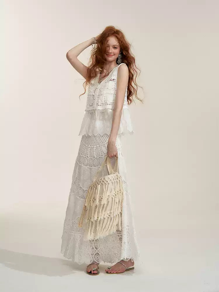 White Floral Embroidery Crochet-Detail Blouse