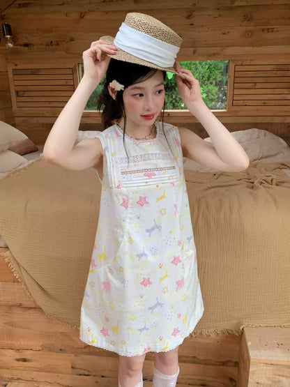 [RF] “Starry Pals” Ivory Animal Print Lace-Trim Sleeveless Mini Dress
