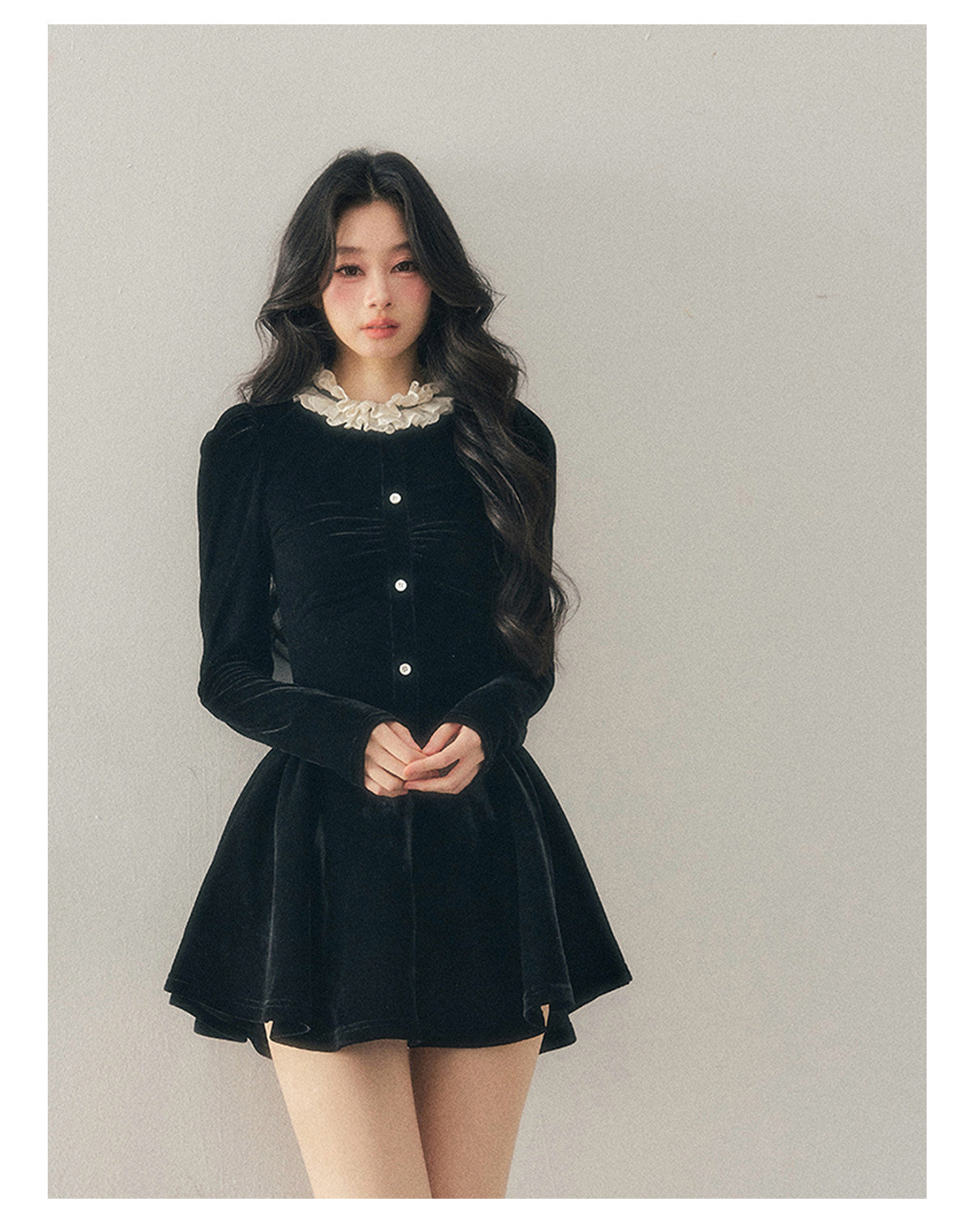 040126 "The Bladette Heiress" French Lace-Trim Velvet Mini Dress