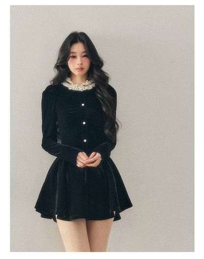 040126 "The Bladette Heiress" French Lace-Trim Velvet Mini Dress