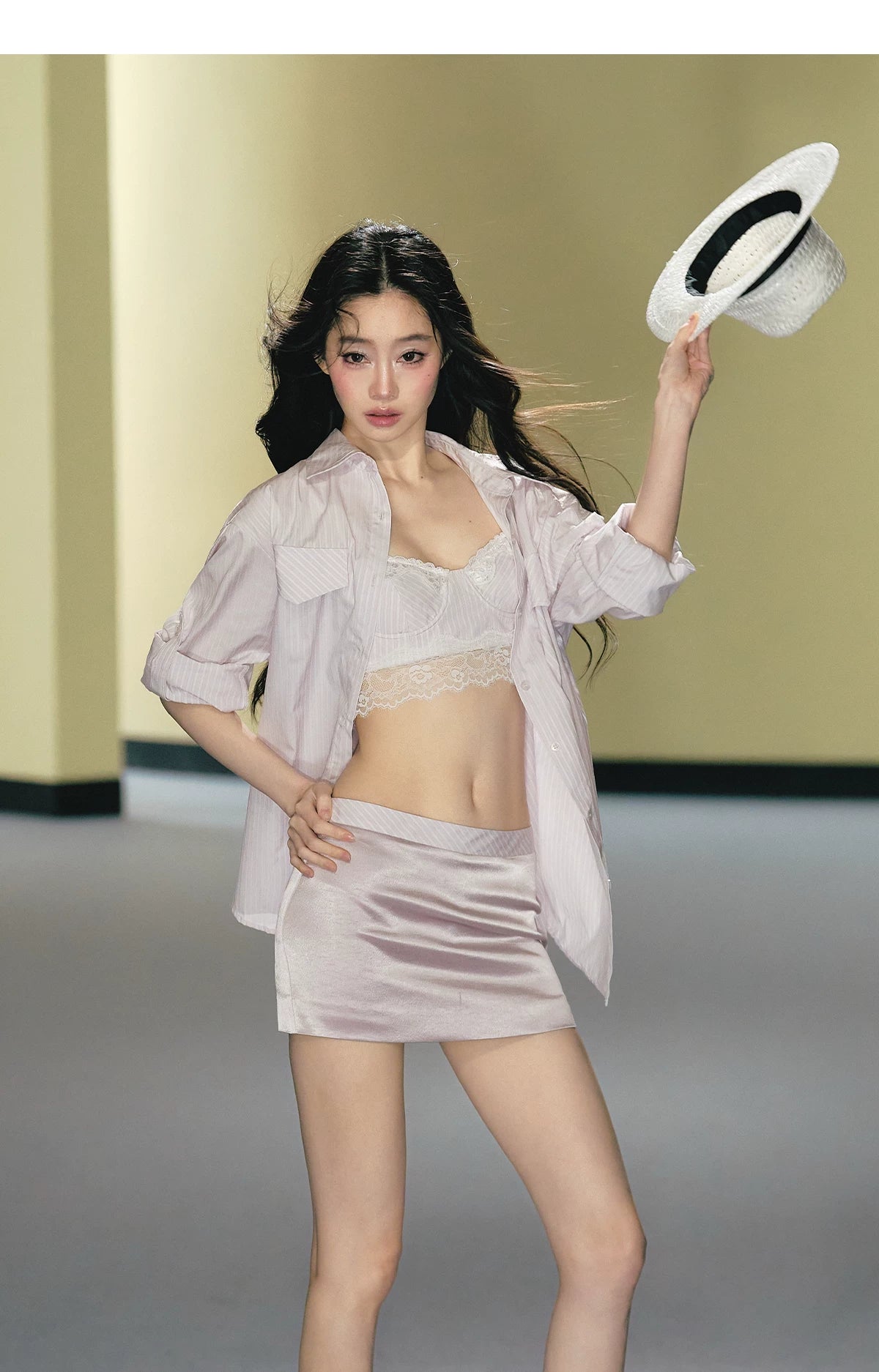 "Rosé Study Session" Pink Stripe Shirt, Lace Corset Cami & Champagne Skort Set