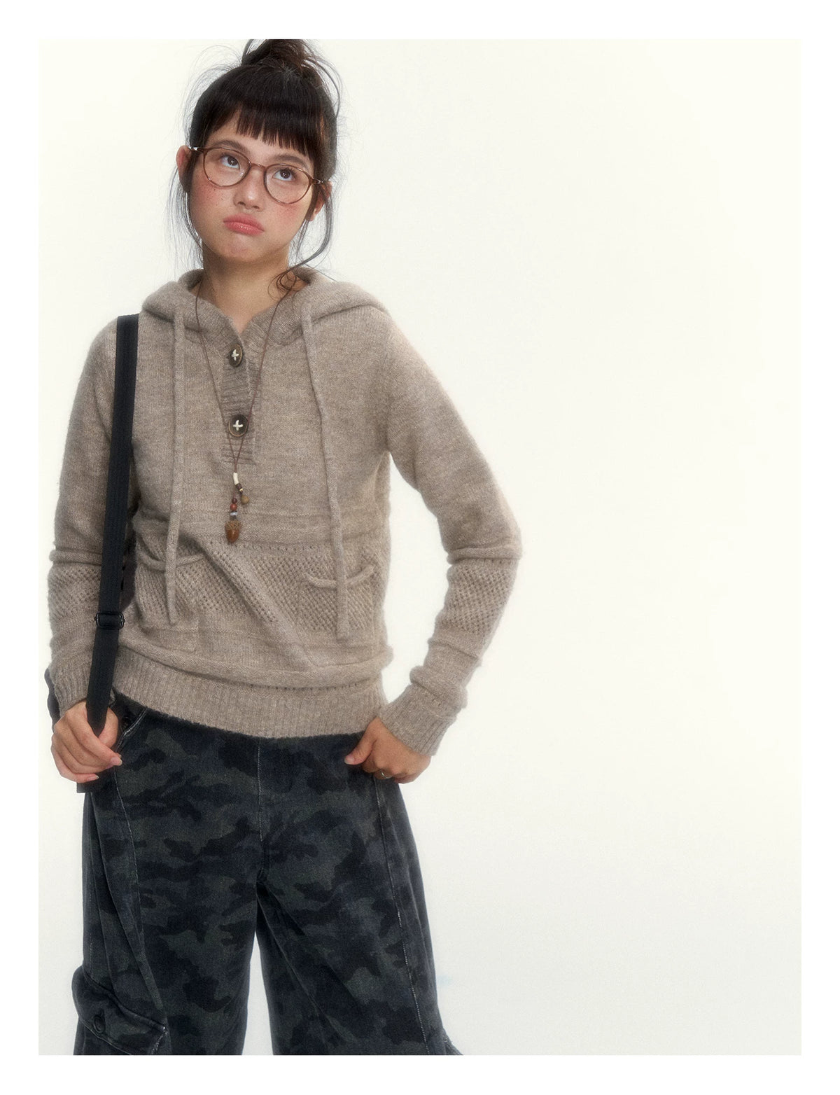 Oatmeal Ribbed-Hem Hooded Knit Sweater