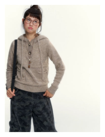 Oatmeal Ribbed-Hem Hooded Knit Sweater