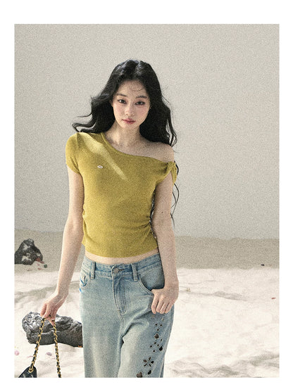 "Shape of the Wind" Forest Green One-Shoulder Twist Crop Top 6556585