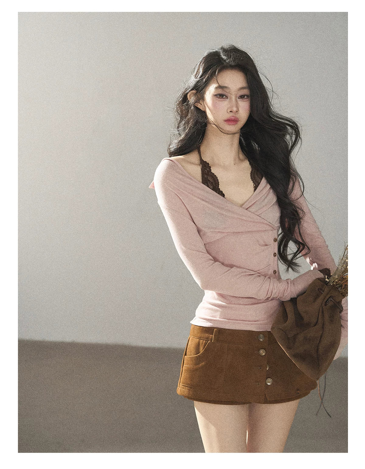 AOMALM - "Rose Garden Daydream" Misty Pink Korean Layered Lace Long-Sleeve Halter Top