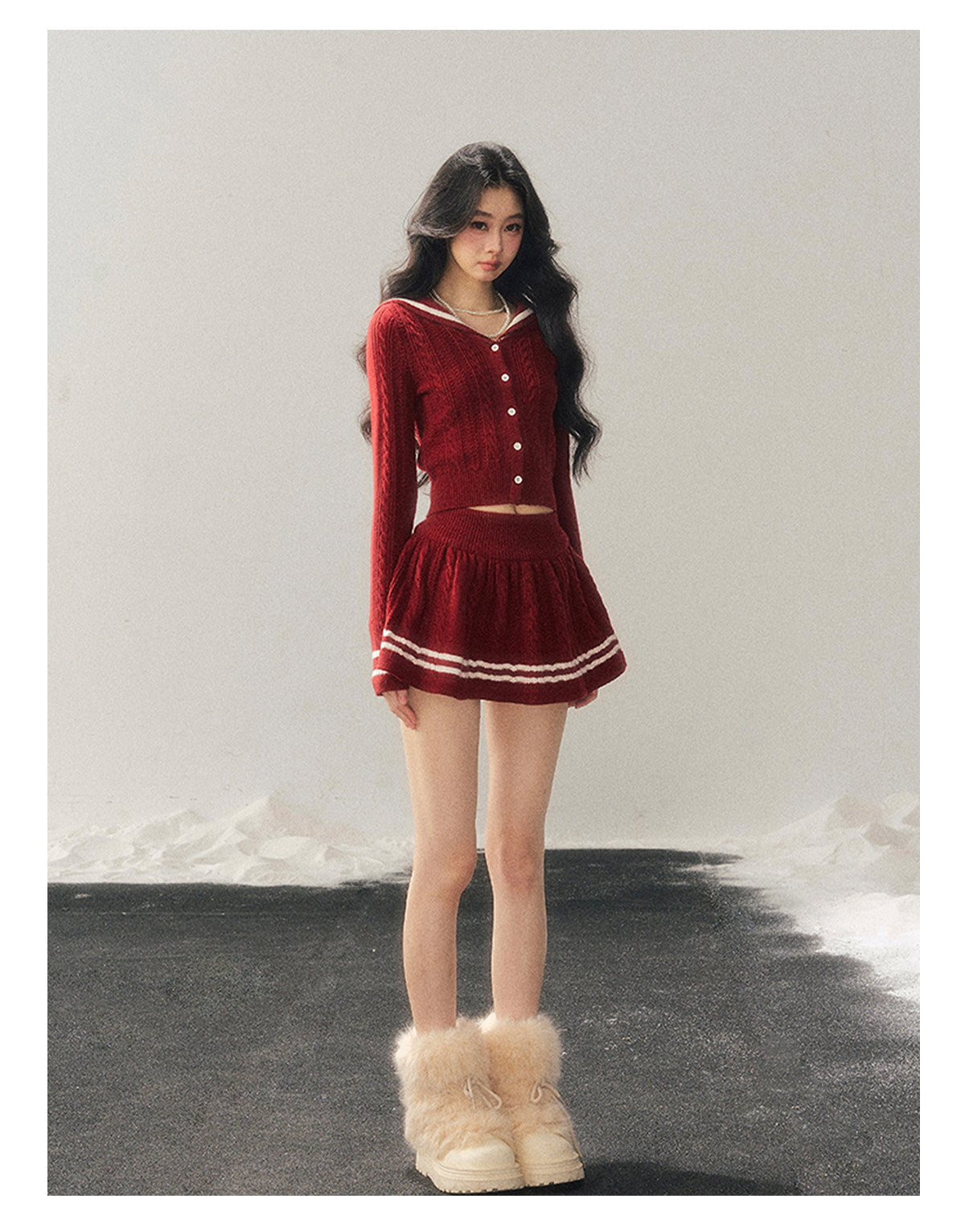 少也眼 "Whispers of the Evening Breeze" Collegiate Red Knit Two-Piece Set
