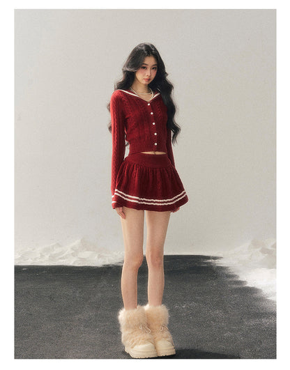 少也眼 "Whispers of the Evening Breeze" Collegiate Red Knit Two-Piece Set