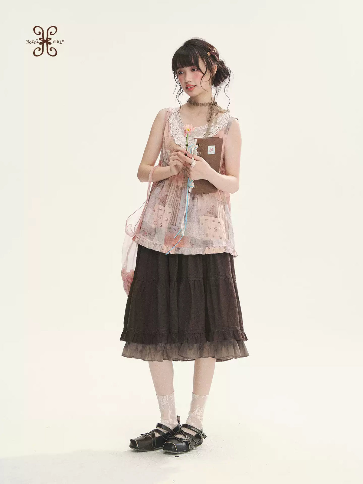 "Fragments of Time" Pink Brown Patchwork Lace Ruffle Trim Sleeveless Top