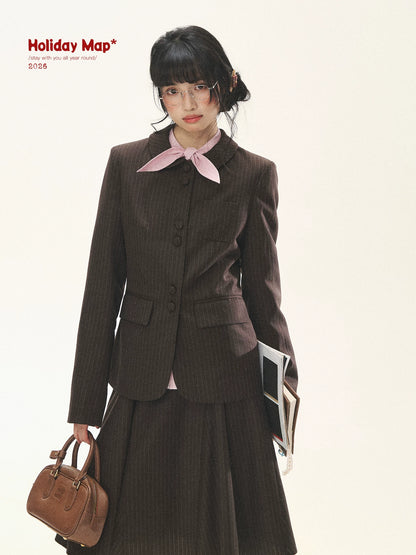 "Academy Memoir" Chocolate Brown Stripe Blazer & Pleated Skirt Set