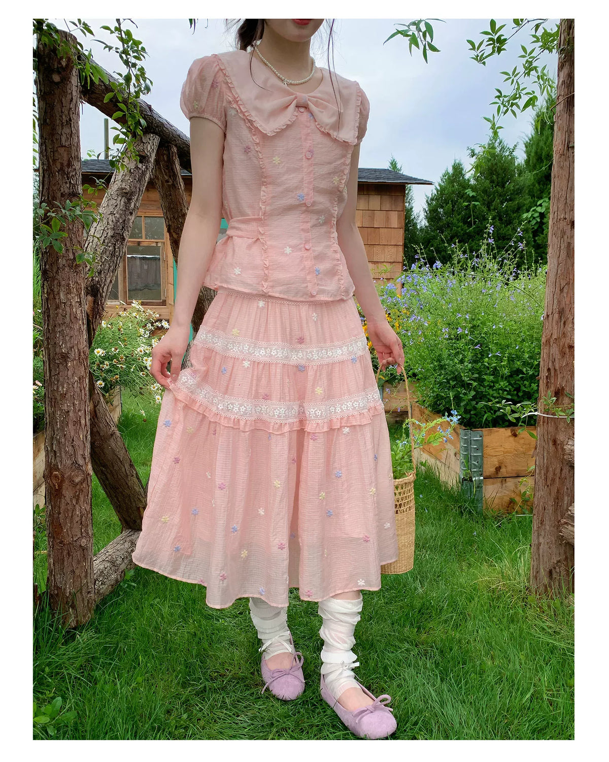 [RF] “Whispered Dream” Pink Bow Lace Tiered Skirt Two-Piece Set