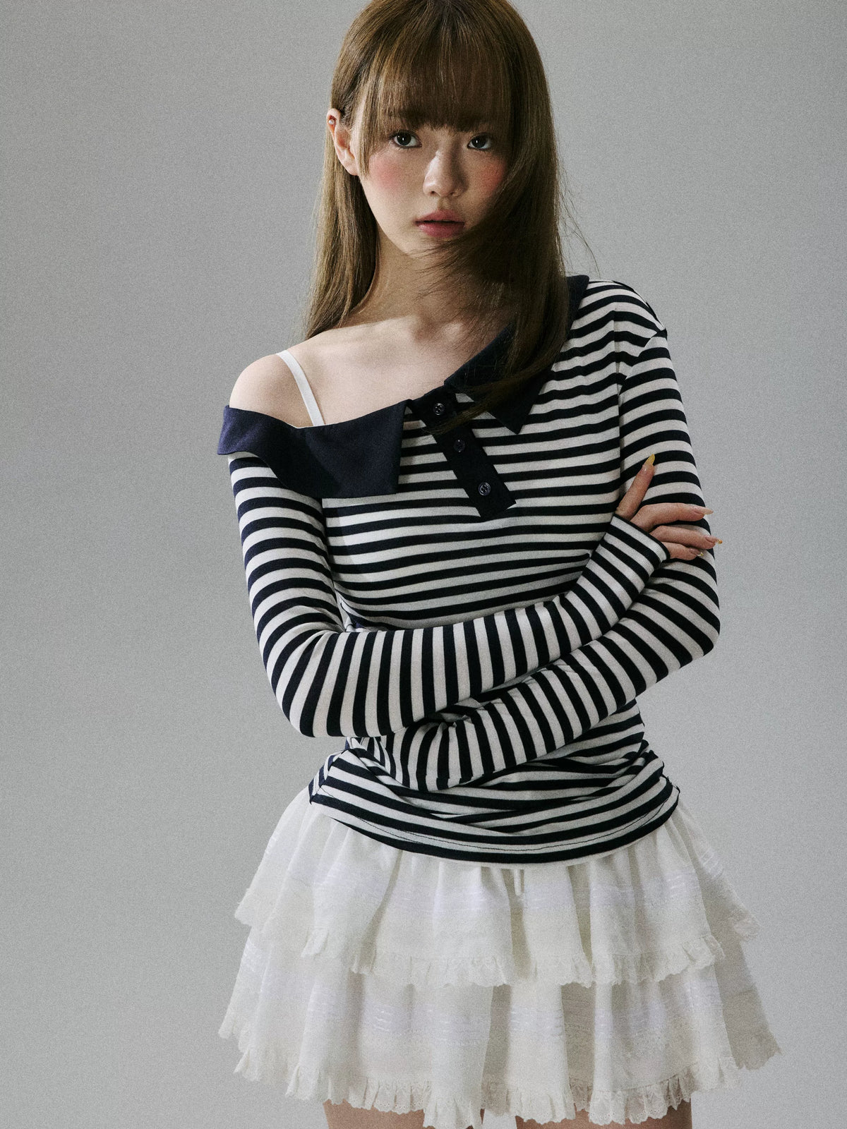 LOST FOREST - Striped Asymmetrical Lyocell-Wool Layering Top