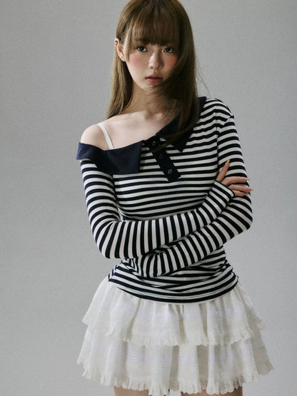 LOST FOREST - Striped Asymmetrical Lyocell-Wool Layering Top