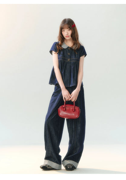 "Denim Check Prelude" Indigo Denim Three-Piece Set