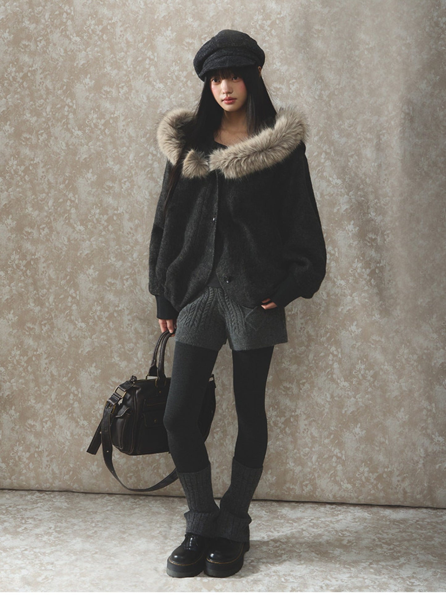 Soote Season - Dark Gray Wool Batwing Cape Coat with Faux-Fur Collar