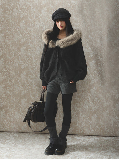 Soote Season - Dark Gray Wool Batwing Cape Coat with Faux-Fur Collar