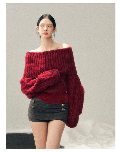 少也眼 "Crimson Glow on the Shoulders" Off-Shoulder Cable Knit Cropped Sweater