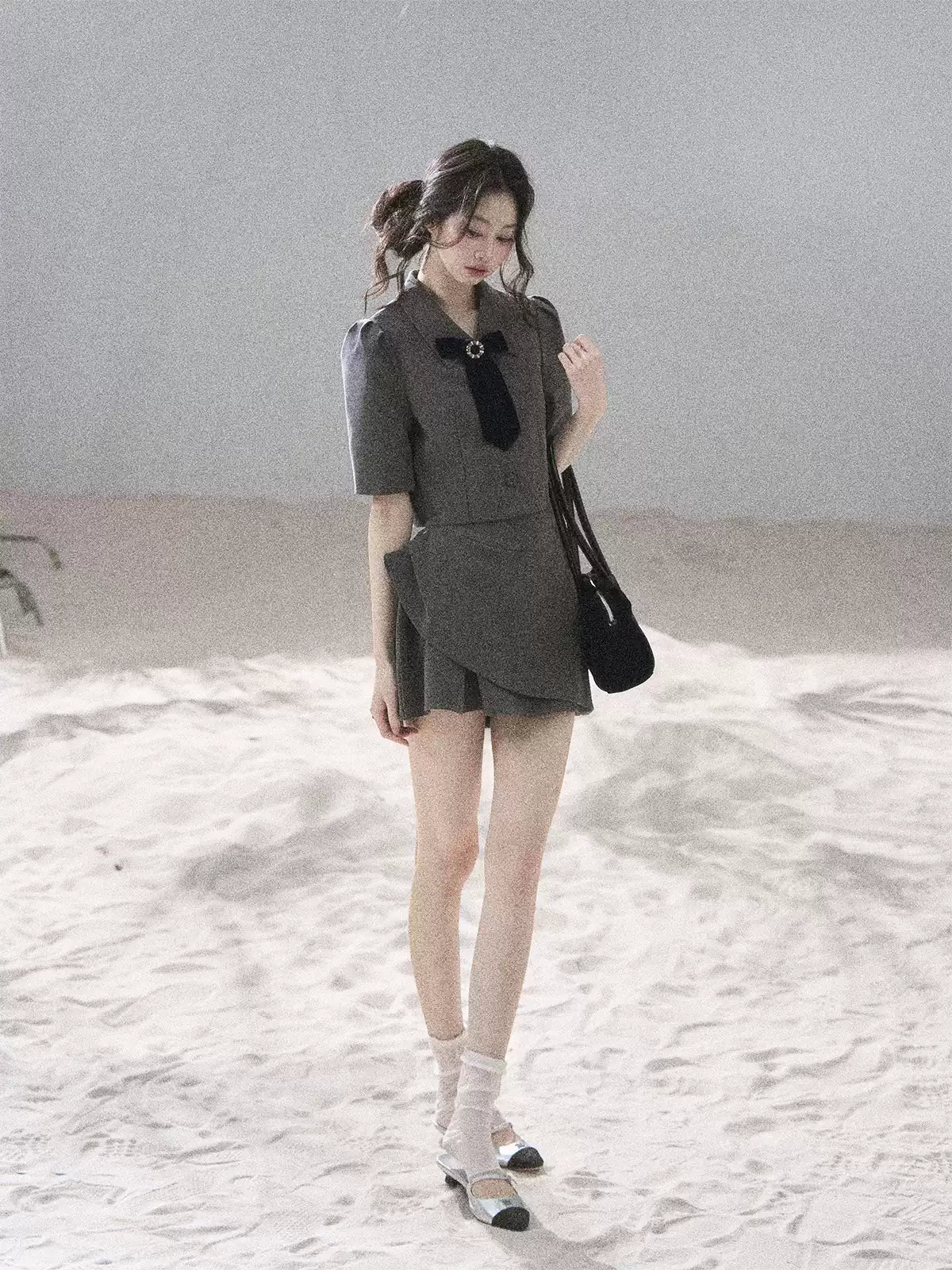 "Paris Afternoon" Slate Gray Bow Top & A-Line Mini Skirt Two-Piece Set
