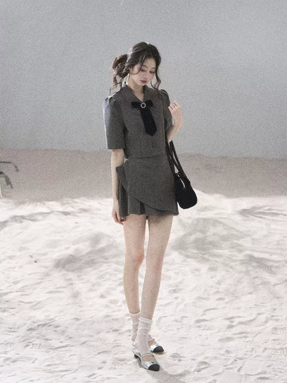 "Paris Afternoon" Slate Gray Bow Top & A-Line Mini Skirt Two-Piece Set