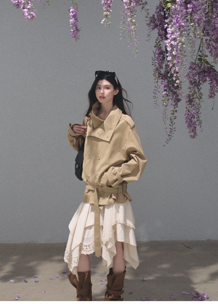 OAKMOO/ Belted Double-Breasted Trench Jacket (Deep Black / Hazel Khaki)