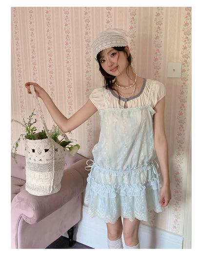 “Summer Dreamloom” Blue Lace Tiered Dress Set (Inner Top + Slip Dress)