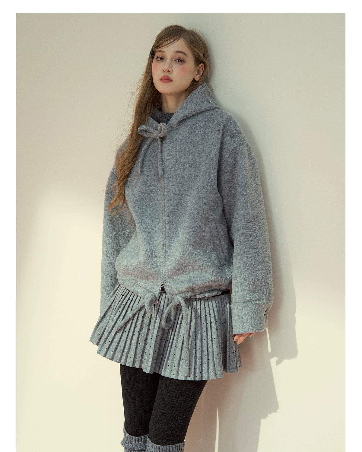 SunsetPark - "Warm Winter Days" Faux Fur Collar Wool-Blend Top Coat (Gray / Pink)