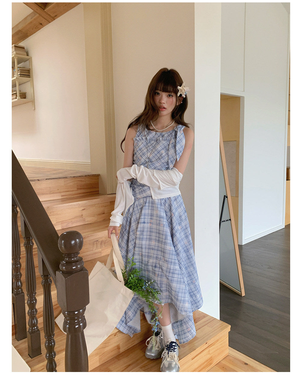 “Blue Meadow Reverie” Blue Plaid Floral Maxi Dress