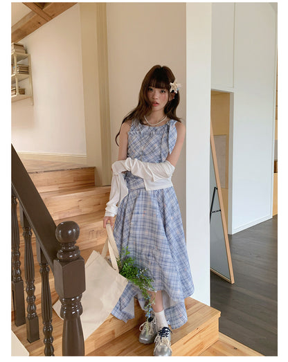 “Blue Meadow Reverie” Blue Plaid Floral Maxi Dress