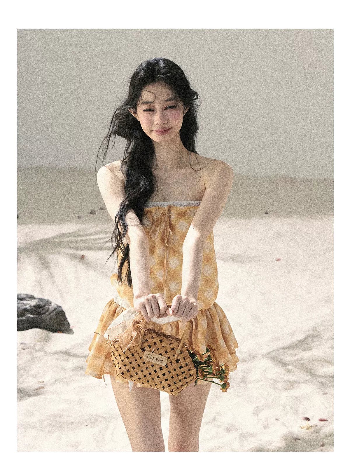"Breeze Upon the Waves" Cheese Yellow Off-Shoulder Diamond Quilted Mini Dress