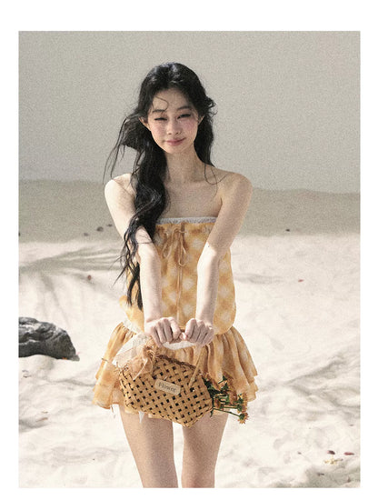 "Breeze Upon the Waves" Cheese Yellow Off-Shoulder Diamond Quilted Mini Dress