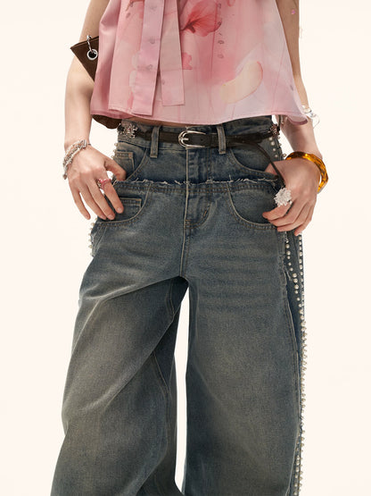 "Vintage Luxe Mood" Studded Distressed Straight-Leg Jeans WE1001