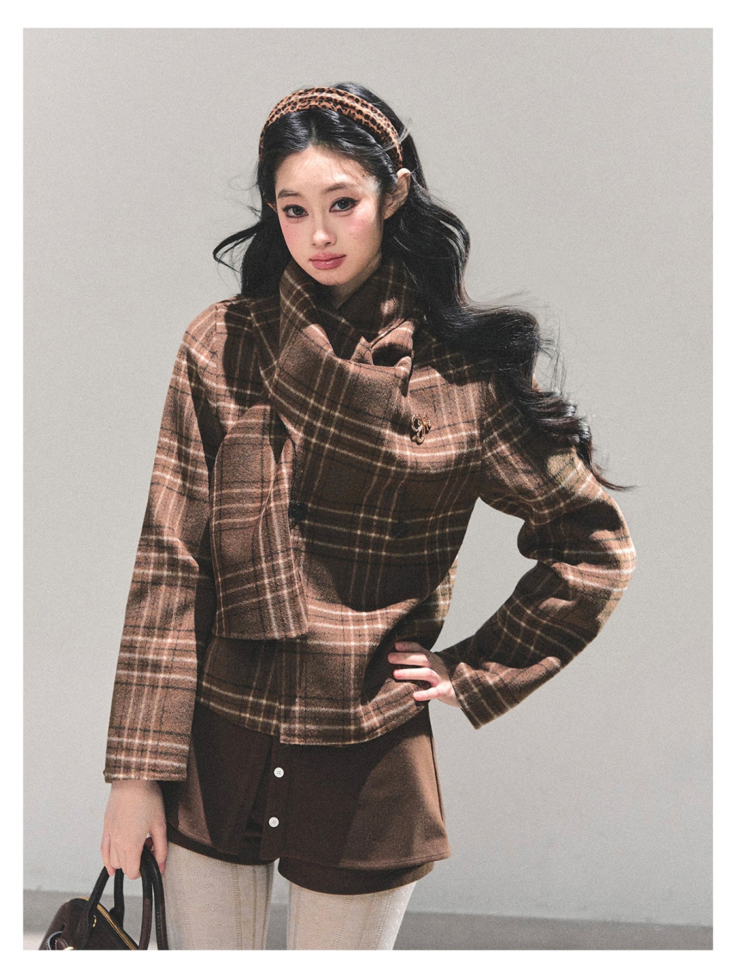 少也眼 “Twilight Forest" Woolen Oversized Coat - Plaid Brown