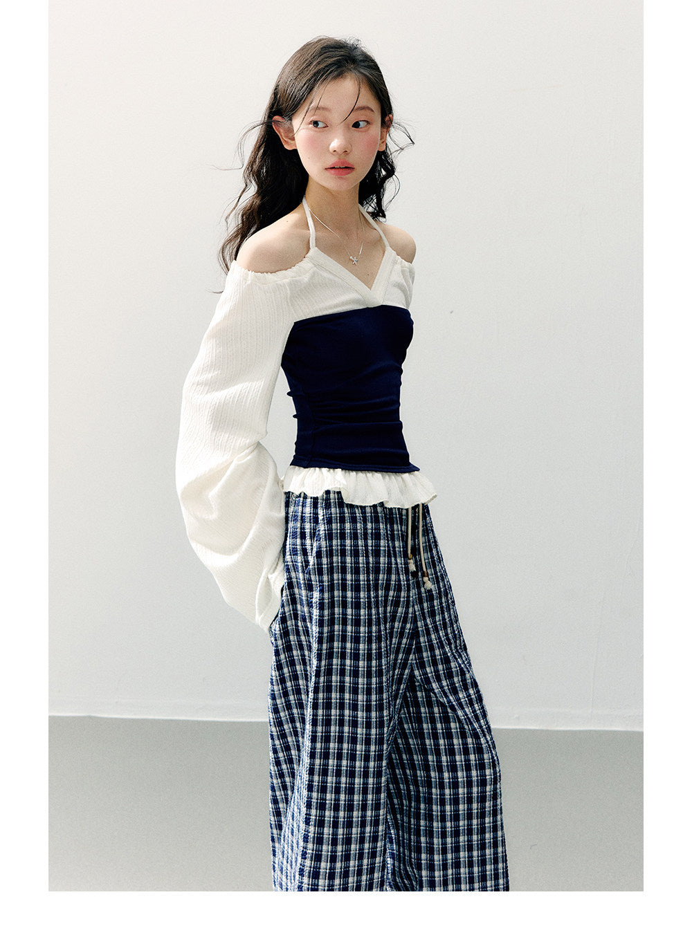 ANNATTO - Spring Navy & Ivory Off-Shoulder Knit Top & Plaid Pants Set