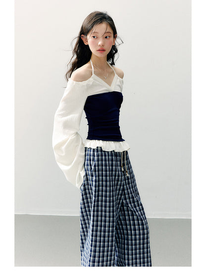 ANNATTO - Spring Navy & Ivory Off-Shoulder Knit Top & Plaid Pants Set