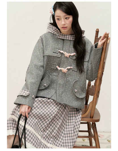 [RF] Floral Heather Gray Pink Plaid-Trim Hooded Duffle Coat