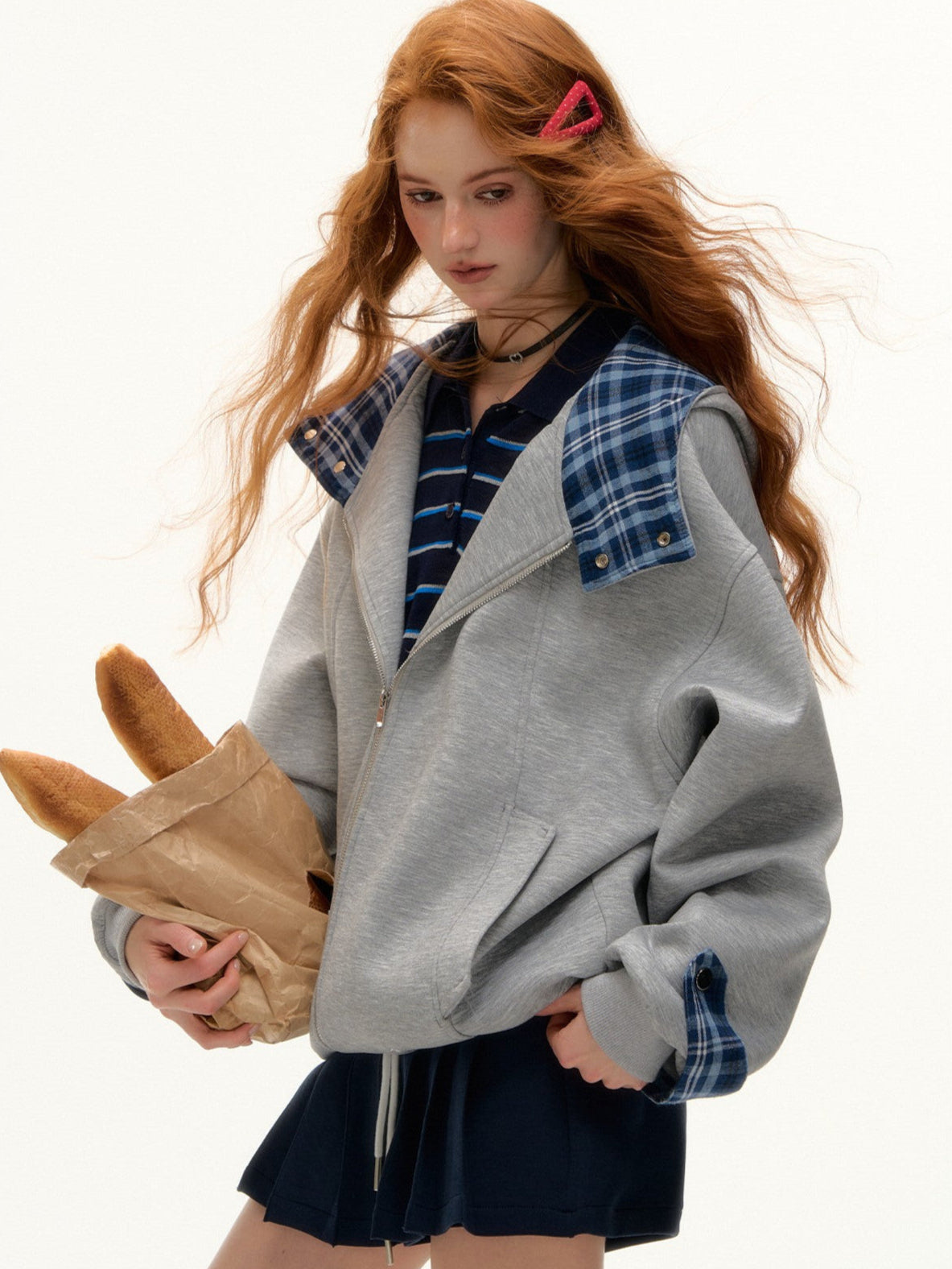 ASGONY - Plaid-Lined Oversized Hoodie Jacket (Gray)